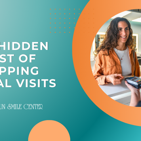 A teal and orange graphic features text "THE HIDDEN COST OF SKIPPING DENTAL VISITS" and "LOUDOUN SMILE CENTER." A smiling woman is shown paying at a dental reception desk.