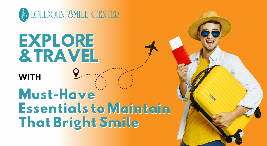 A man in sunglasses and a hat holds a yellow suitcase and passport, next to text about travel