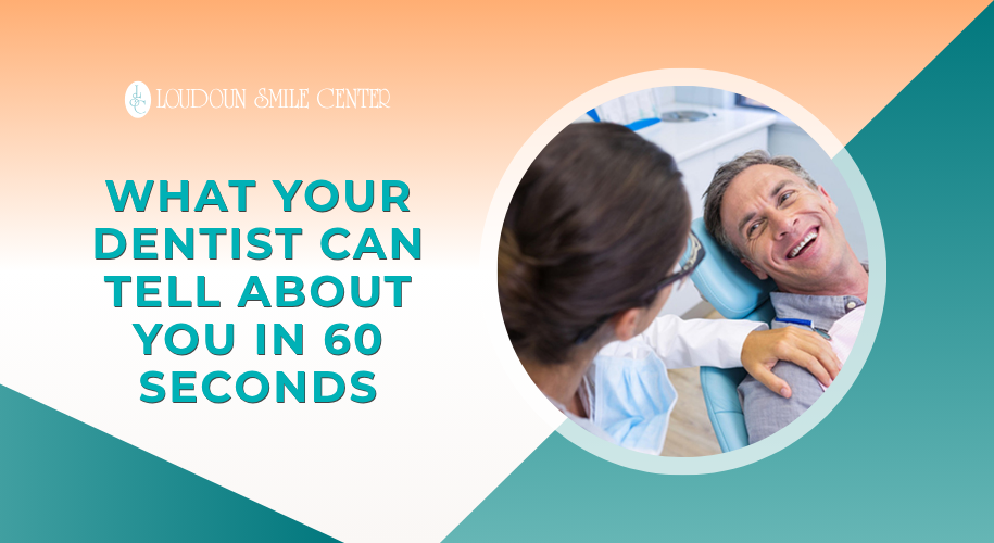 A promotional banner displays the Loudoun Smile Center logo and the text: "WHAT YOUR DENTIST CAN TELL ABOUT YOU IN 60 SECONDS." A circular image features a smiling dentist talking to a happy patient.